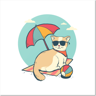 Cat in beach Posters and Art